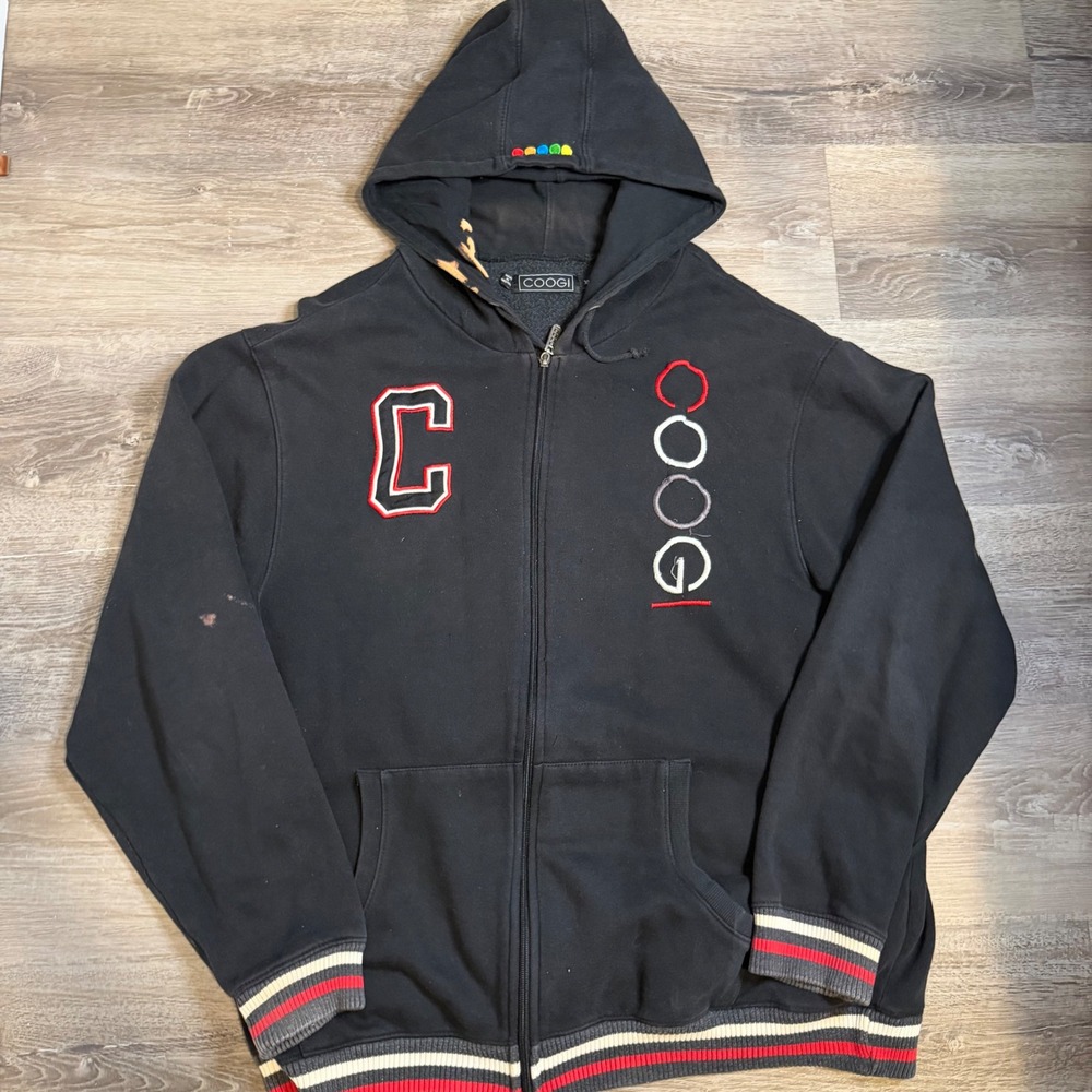 Coogi Mens XL Black Full Zip Hoodie Embroidered Logo Varsity Striped Trim Rare